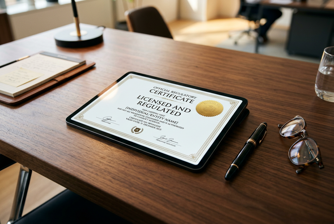 A digital tablet on a desk displaying an official gambling license seal.
