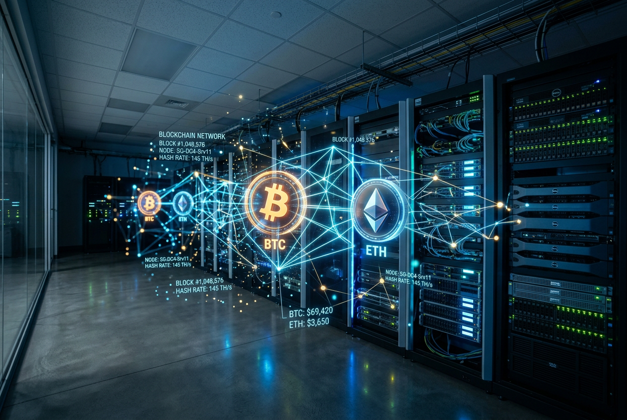 Digital visualization of a blockchain network with Bitcoin and Ethereum logos.