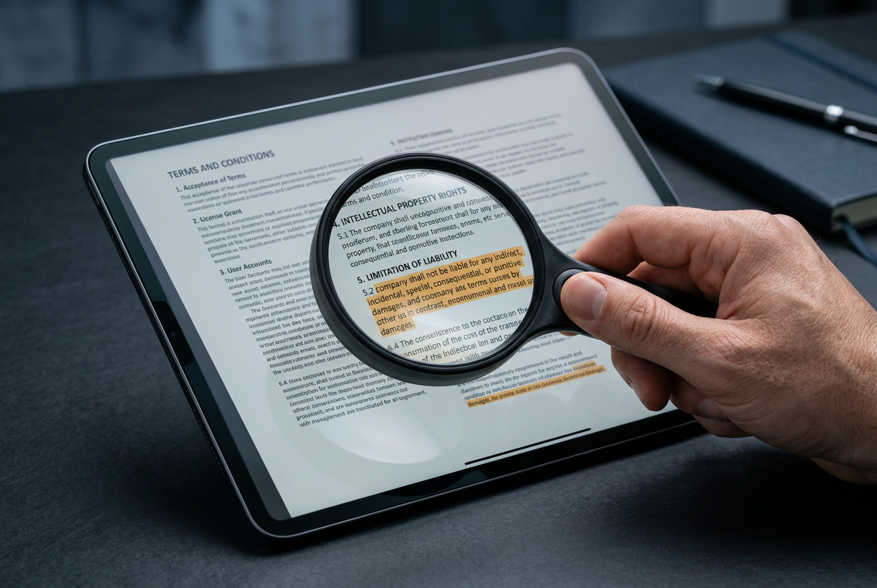 A close-up of a person holding a magnifying glass over a tablet screen displaying fine print.