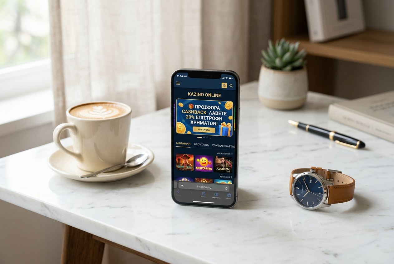A sleek smartphone showing an online casino app with cashback offers on a modern desk.