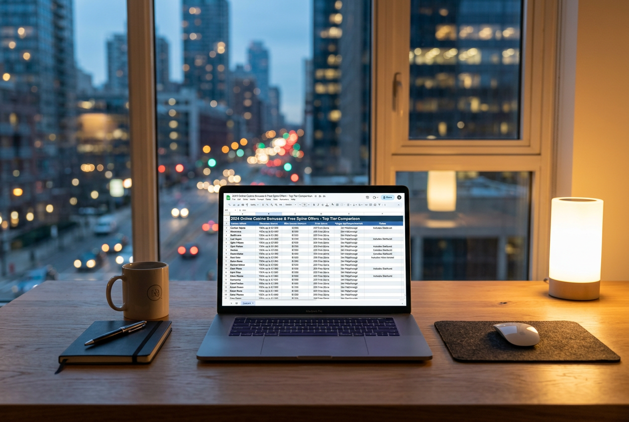 A modern digital workspace showing a laptop screen with a comparison table of casino bonuses and free spins.