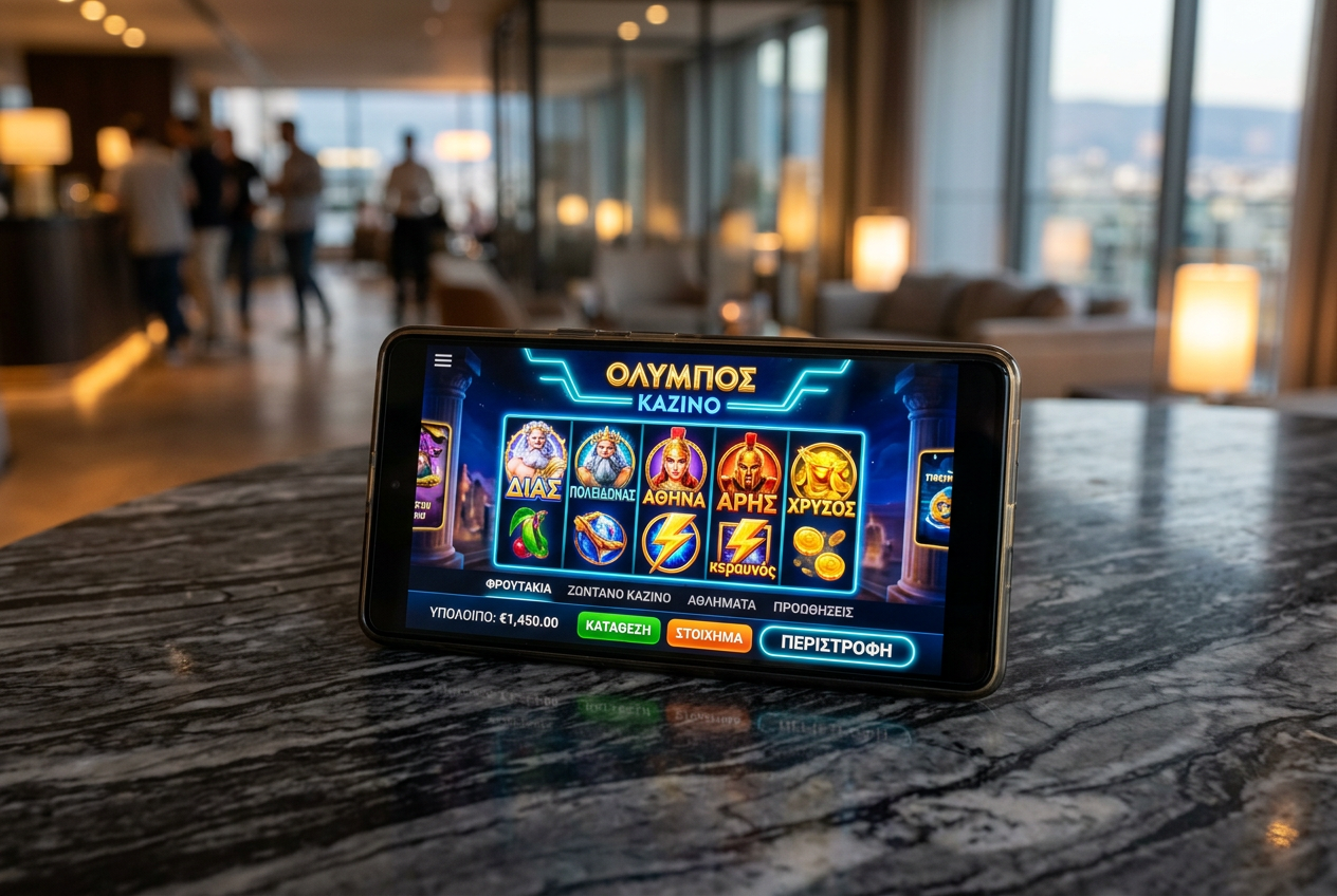 A modern smartphone displaying a high-tech casino interface with Greek text.