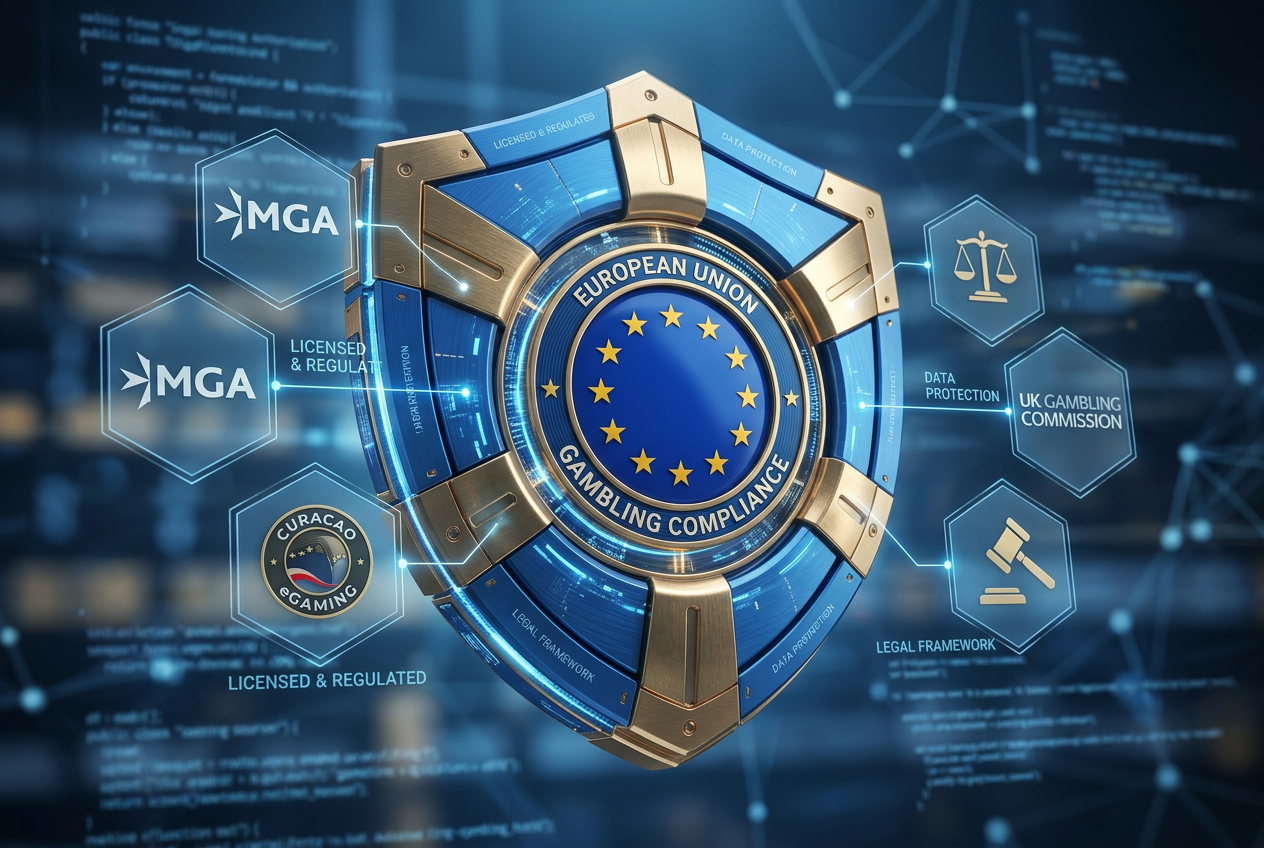 Graphic showing European gaming licenses and regulatory symbols.