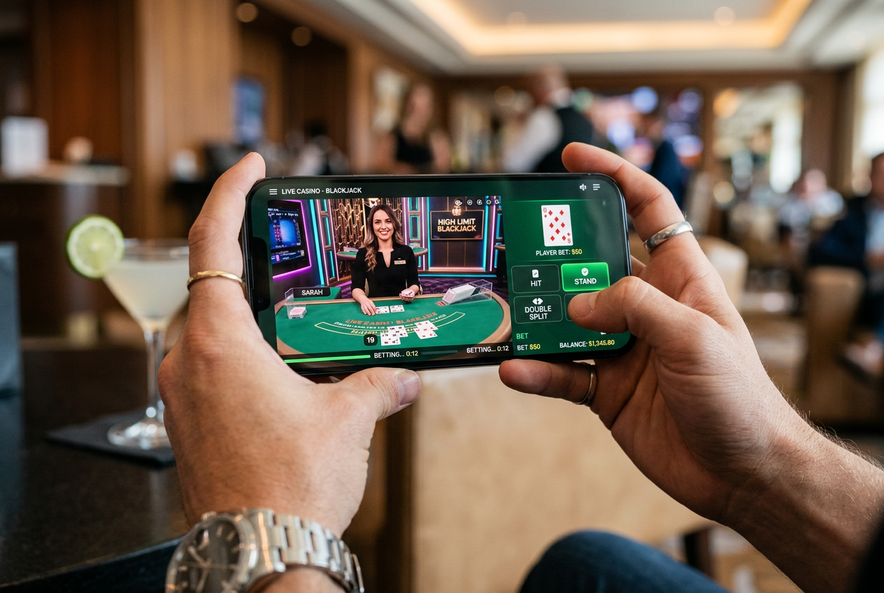 A person playing a live dealer game on a smartphone.