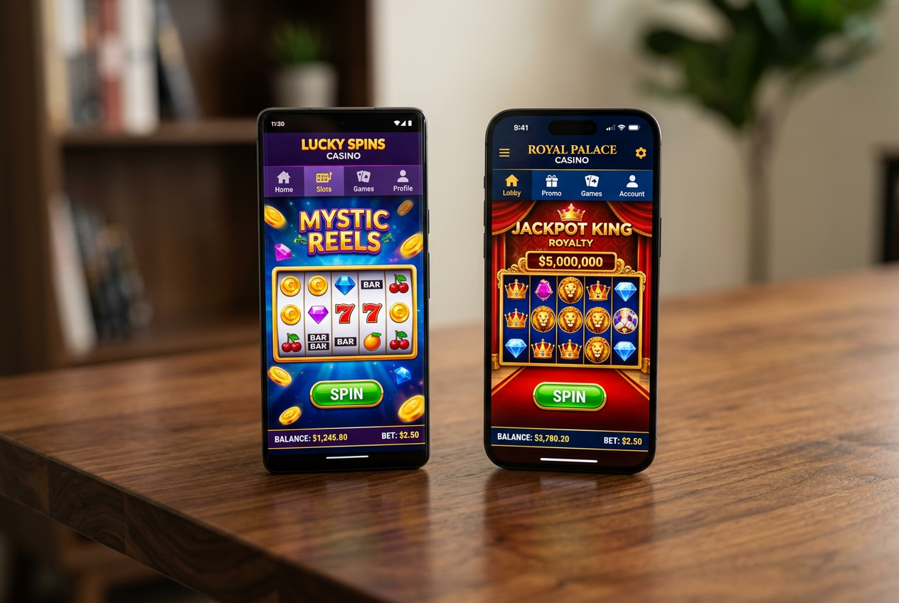 Two smartphones side by side showing different casino apps for comparison.