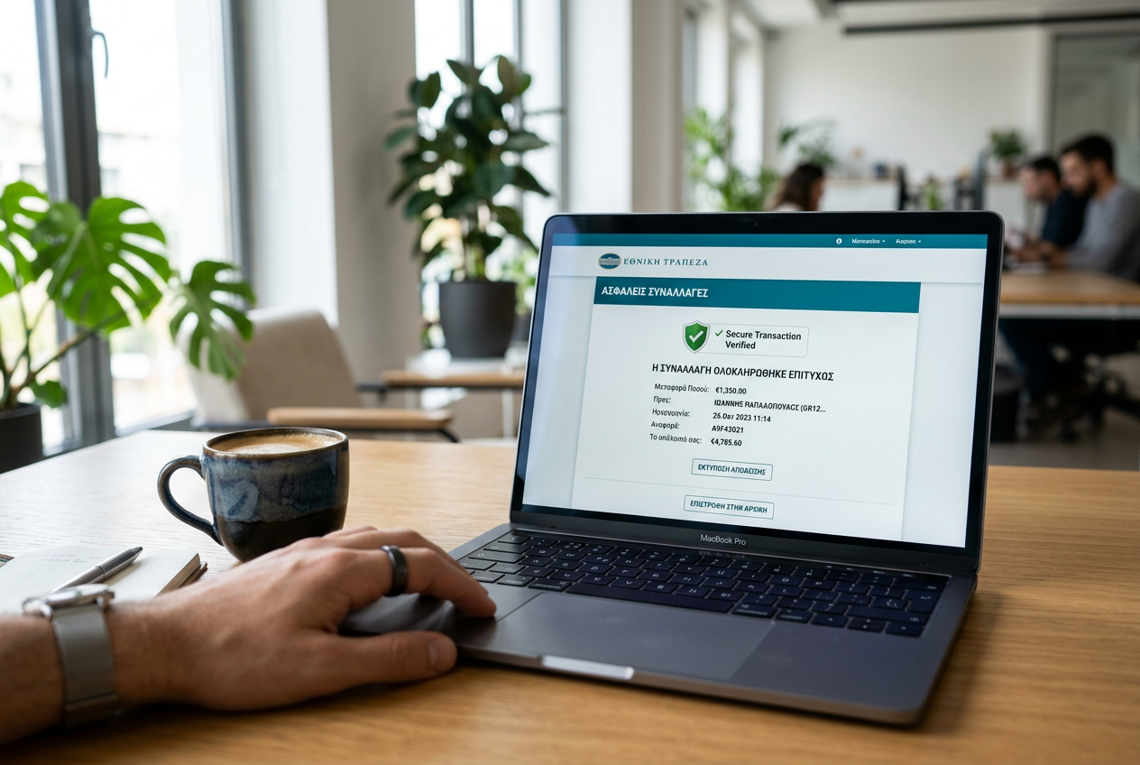 A laptop screen showing a secure banking transaction confirmation.