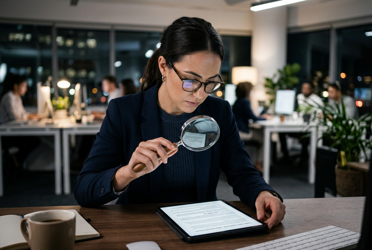 Detailed view of terms and conditions with a magnifying glass.