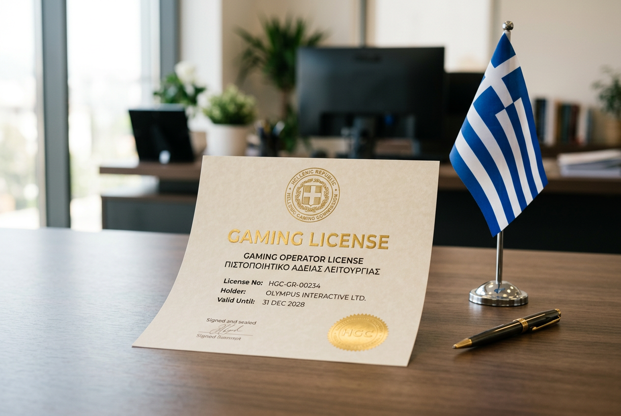 A formal legal document with a gold seal and a Greek flag on a professional desk