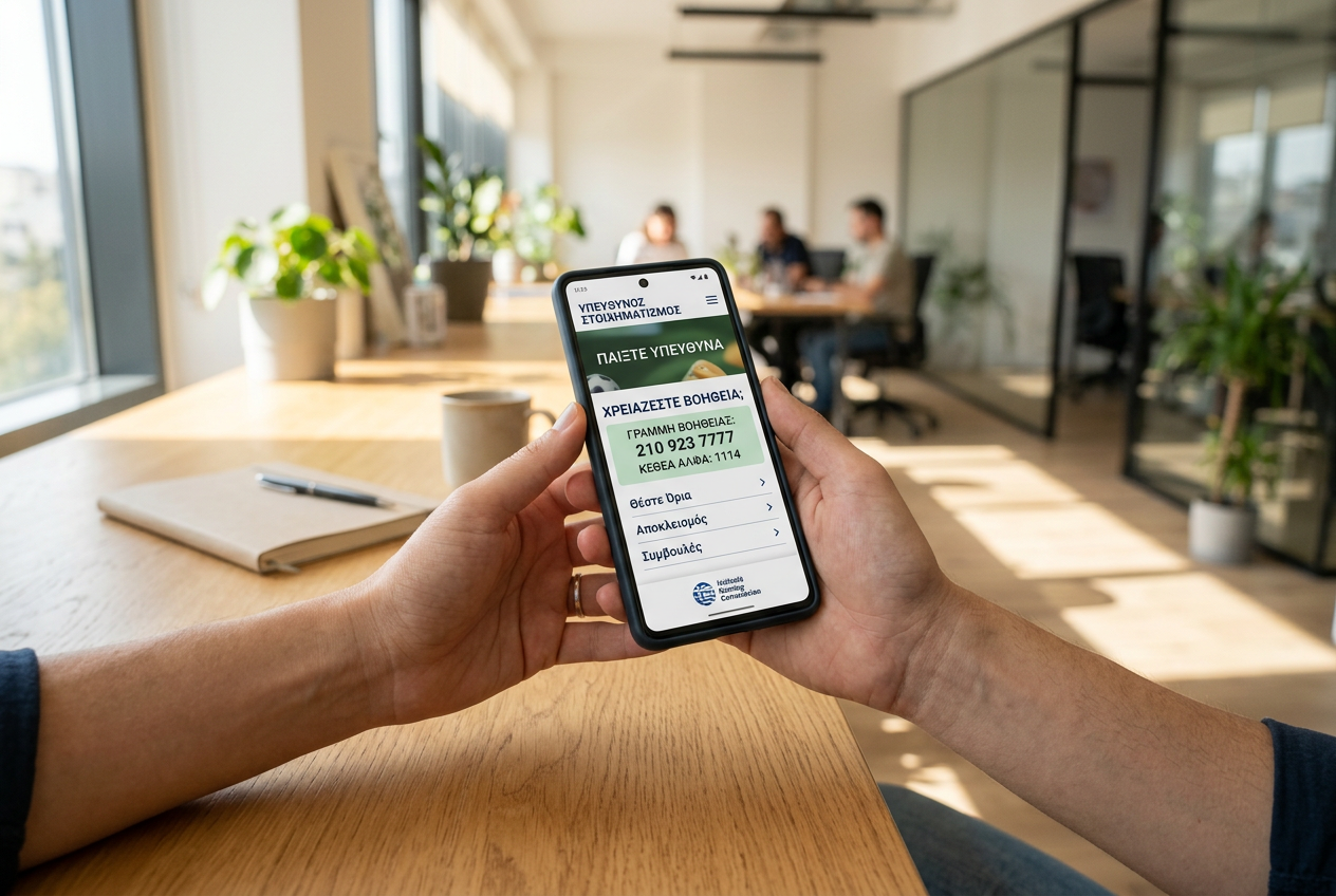 A person holding a phone showing the Greek gambling help line information.