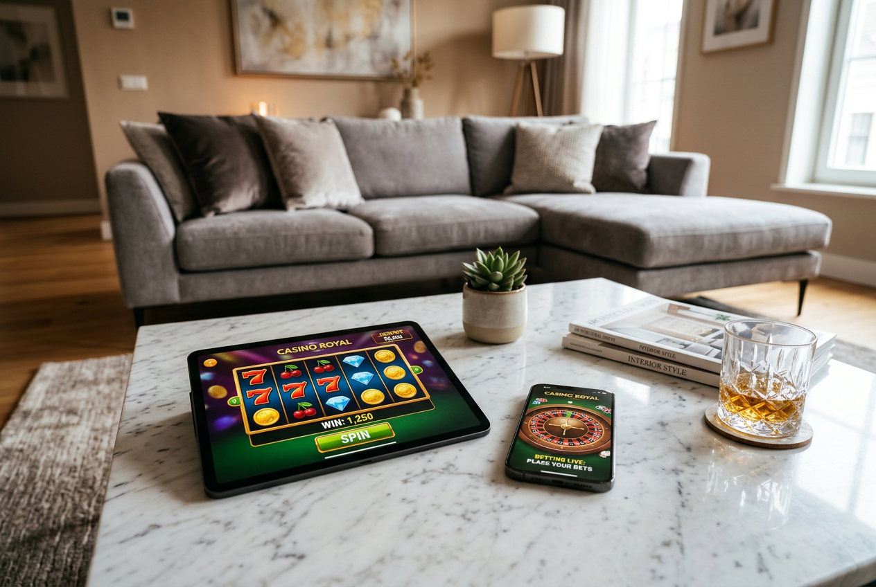 Sleek digital devices showing various online casino games.